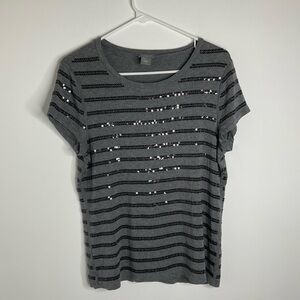 Ann Taylor gray sequin stripe short sleeve t-shirt size Large